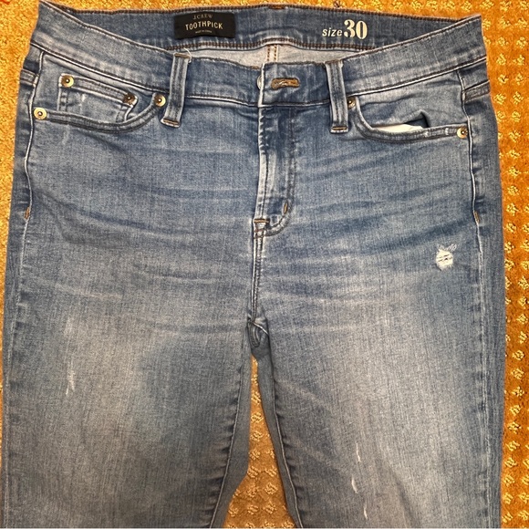 J. Crew Toothpick Skinny Jeans Women's 30 Blue Denim Low Rise Distressed Patches - Picture 3 of 11